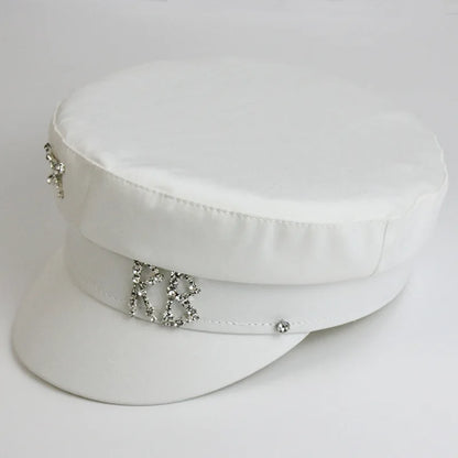 2025 Trendy Satin Letter RB Military Hats Crystal Flat Top Baker Boy Hat Visor