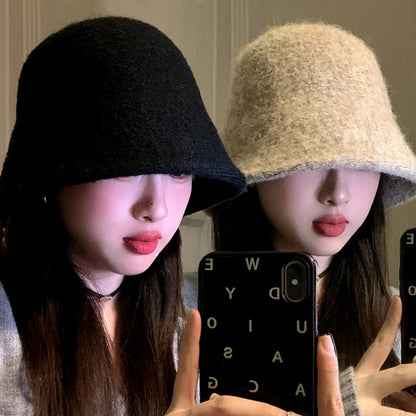 Retro Dome Wool Felt Bucket Hat Women Autumn Winter