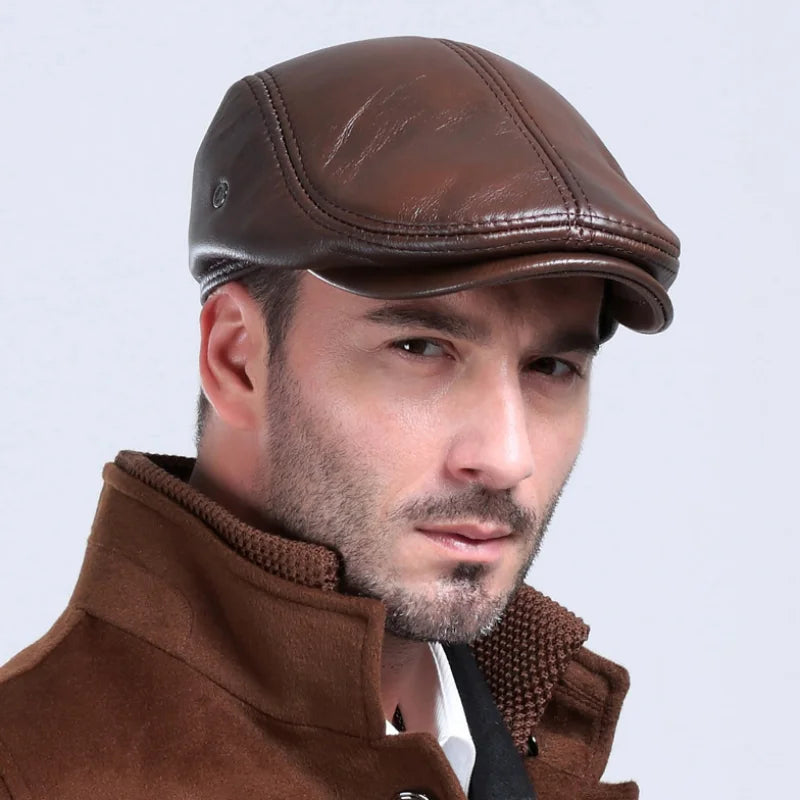 Men's Outdoor Leather Hat Winter Berets Male Warm Ear Protection Cap
