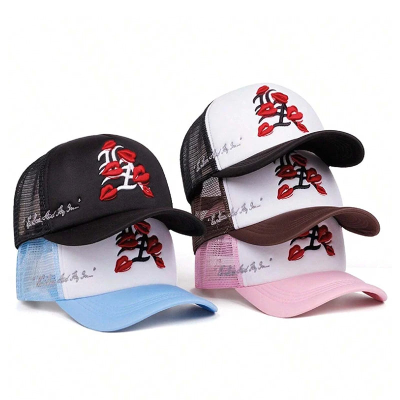 Fashionable Simple Baseball Hat LA Lipprint Embroidered Mesh Hat