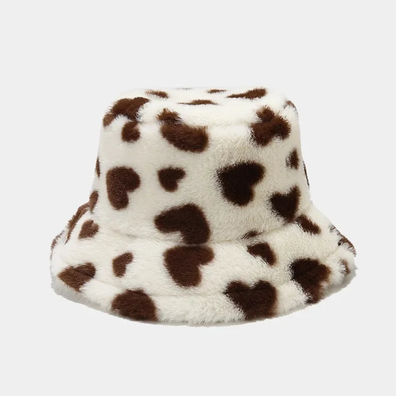 Winter Heart Print Faux Fur Fluffy Bucket Hat Women Outdoor