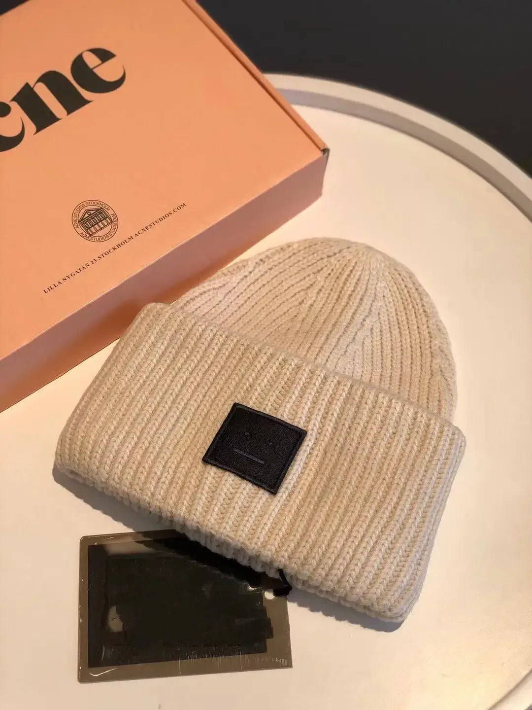 Warm And Cozy Knitted Beanie With Square Labels - Scandinavian Style Wool