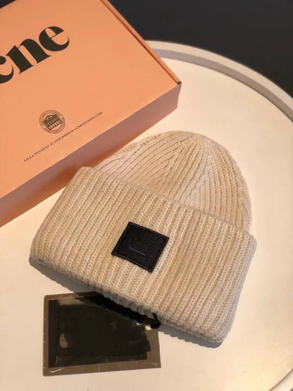 Warm And Cozy Knitted Beanie With Square Labels - Scandinavian Style Wool