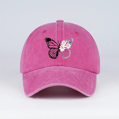 Butterfly and Daisy Print Washed Baseball Cap