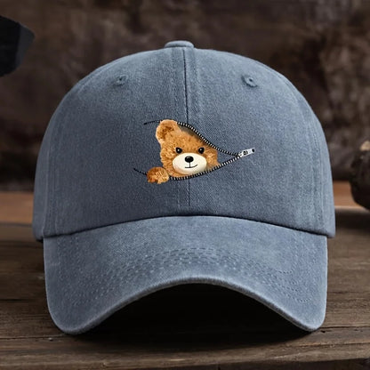 Zippered Bear Print Baseball Cap, Outdoor Sun Protection Cap Machine Washable Baseball Cap