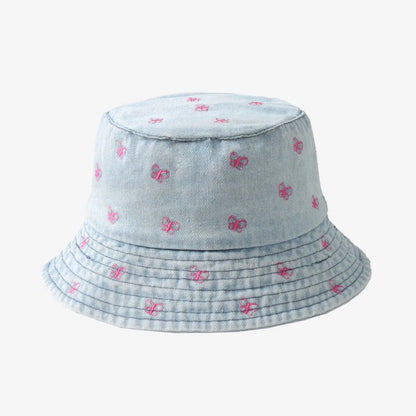 Emboridery Denim Bucket Hat Summer Travel Beach Sun Hats  for Women Men
