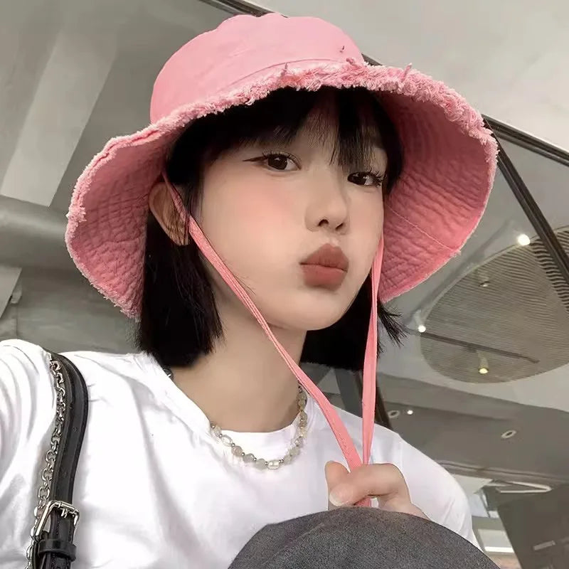 Summer Frayed Edge Bucket Hats Woman Outdoor