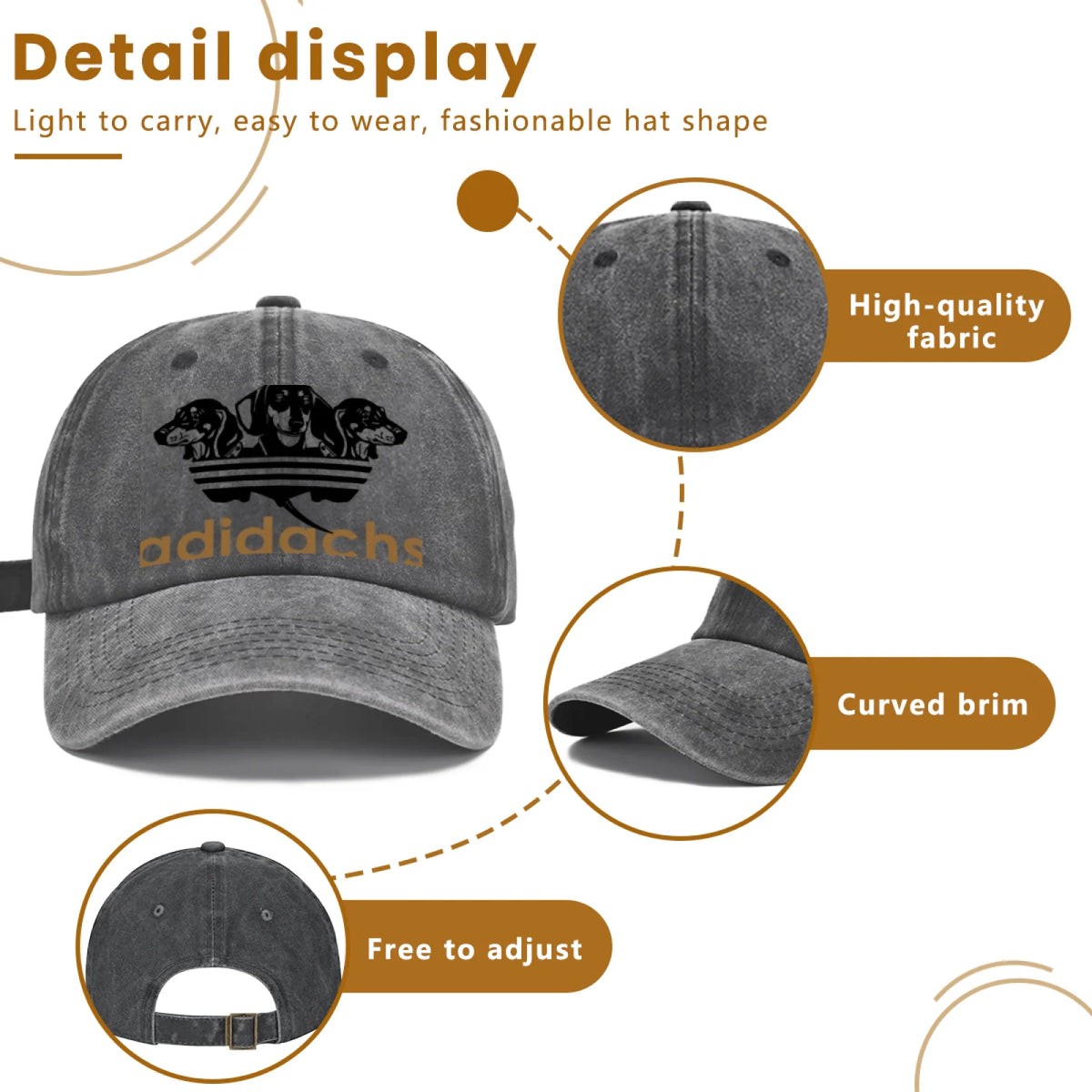 Vintage Washed Baseball Cap Unisex Distressed Snapback Hat Grey Dachshund Dog Graphic Embroidery Adjustable Dad Hat Streetwear