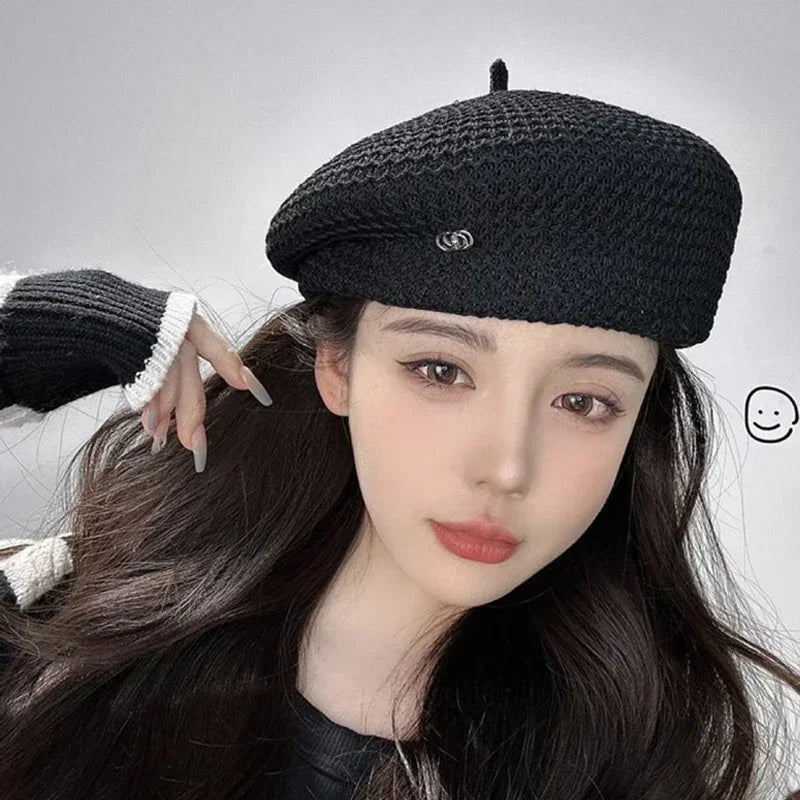 Women Fixed Pleated Paper Straw Beret Summer