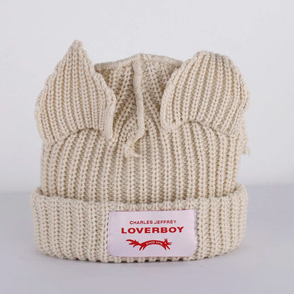 Lover Boy Cat Ear Knit Hat Solid Warm Pig Ear Woolen Hat