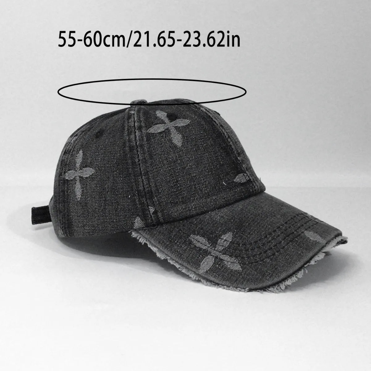 Cross Denim Baseball Cap With Jacquard Fringe, Vintage Distressed, Cropped Edge Cap