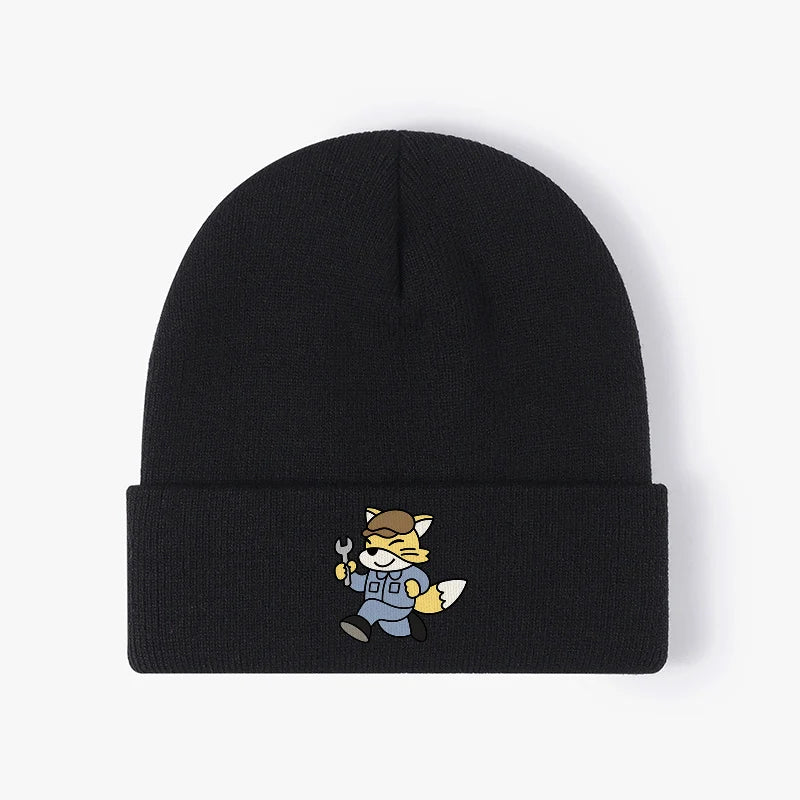 Cute Mechanic Fox Knit Beanie Hat Warm Cuffed Winter Skull Cap