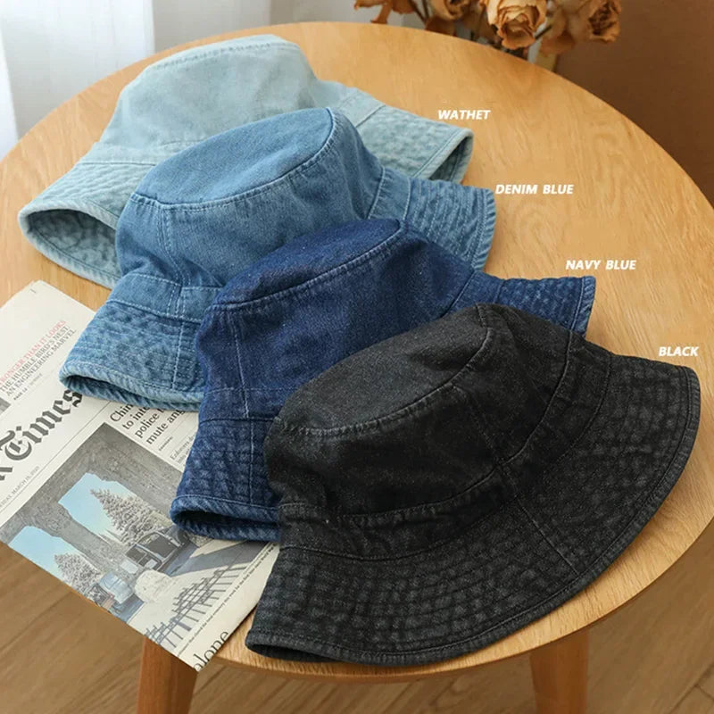 Solid Color Denim Bucket Hat Women Retro Washed
