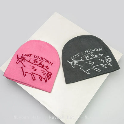 New Men Women Korean Jacquard Unicorn Letters Knitted Hats