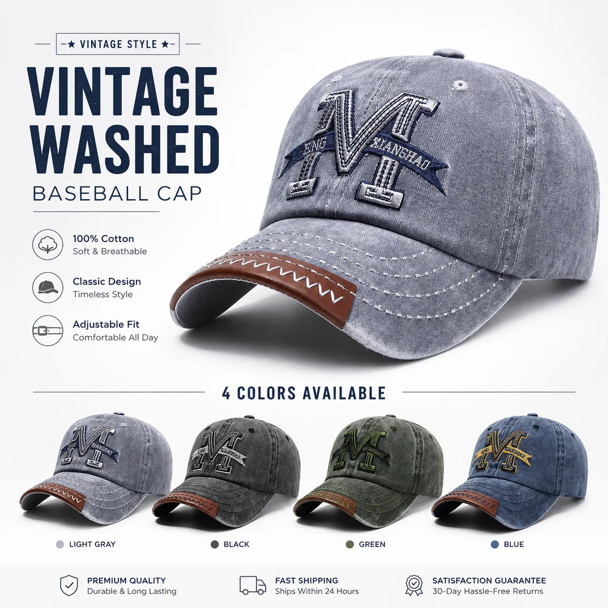 Vintage Washed Cotton Baseball Cap Men Women Letter M Embroidery Dad Hat