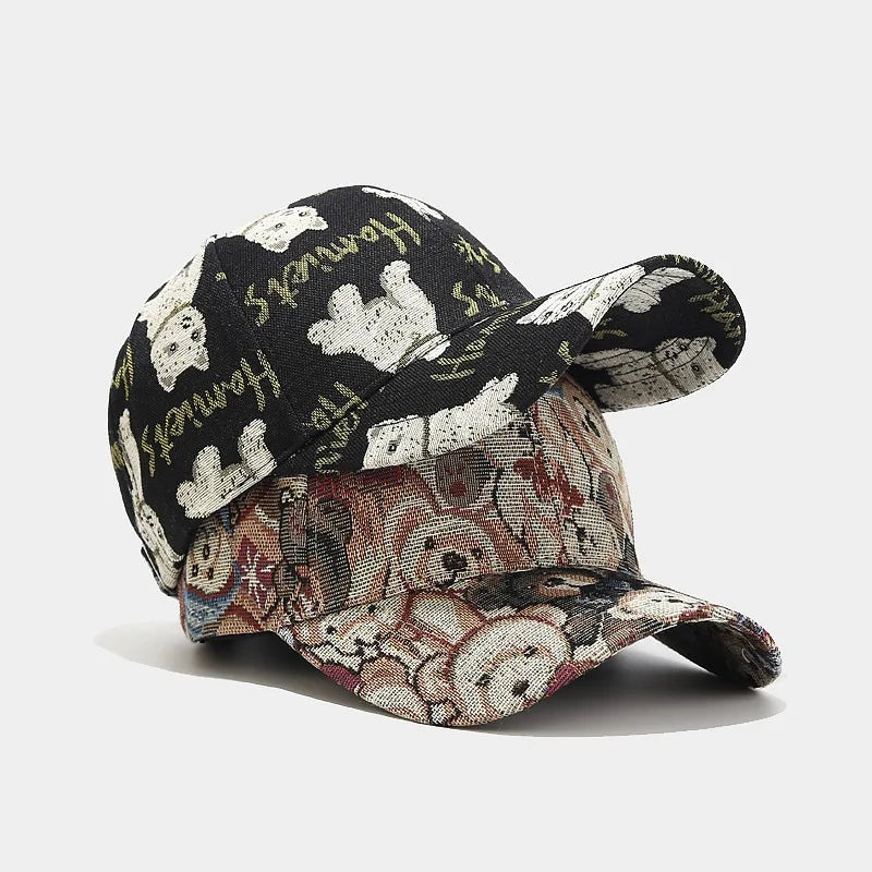 Retro Curved Brim Baseball Cap, Cute Cartoon Teddy Bear Dog Pattern Duckbill Cap