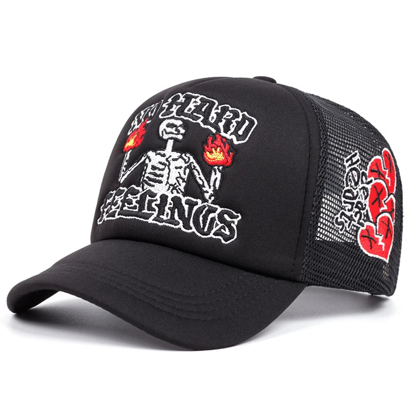 Fire Skull Rose Love Embroidery Trendy Hip Hop Hat Men's Outdoor Leisure Hat Women's