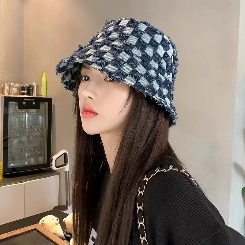 Hairy Checkered Denim Hat for Female Niche