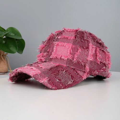 Full-Pattern Checked Fringed Distressed Denim Baseball Cap