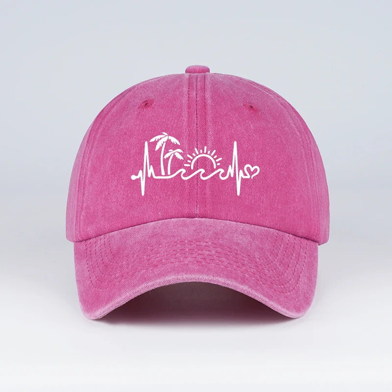 Vintage Washed Palm Tree Sunset Graphic Baseball Cap Adjustable Casual Hat For Daily Travel Beach