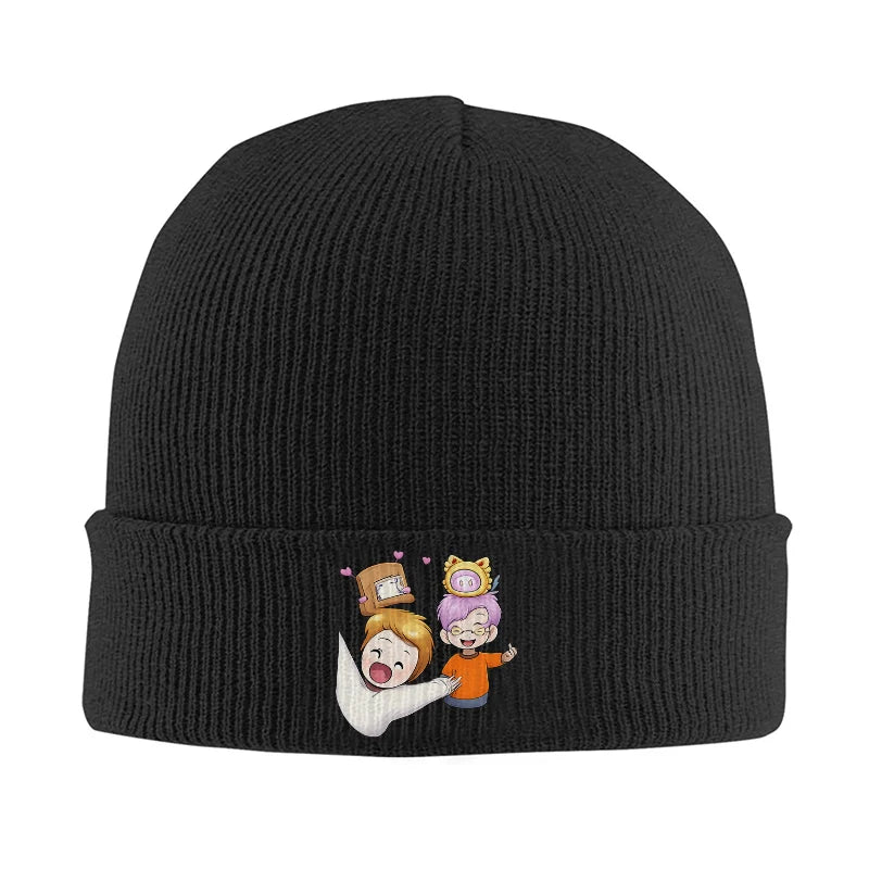 Cute Cartoon Friends Black Ribbed Knit Beanie Hat