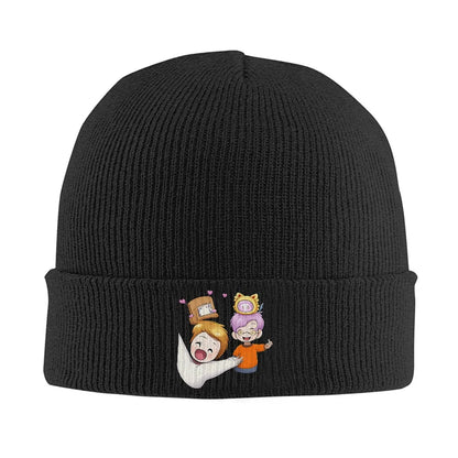 Cute Cartoon Friends Black Ribbed Knit Beanie Hat