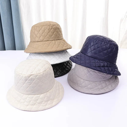 Winter New Ultra Light Down Cotton Rhombus Fisherman Hat  Cap Cotton Jacket Warm Korean Casual y2k Pot Hat