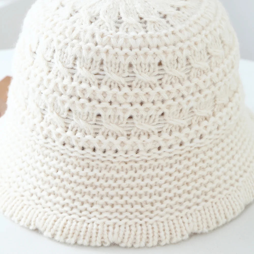 Women Openwork Knitted Bucket Hat Soft Asymmetric Brim Cap