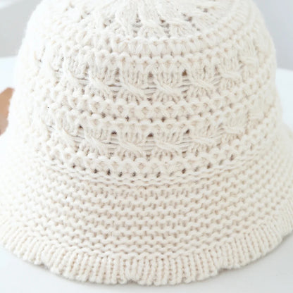 Women Openwork Knitted Bucket Hat Soft Asymmetric Brim Cap