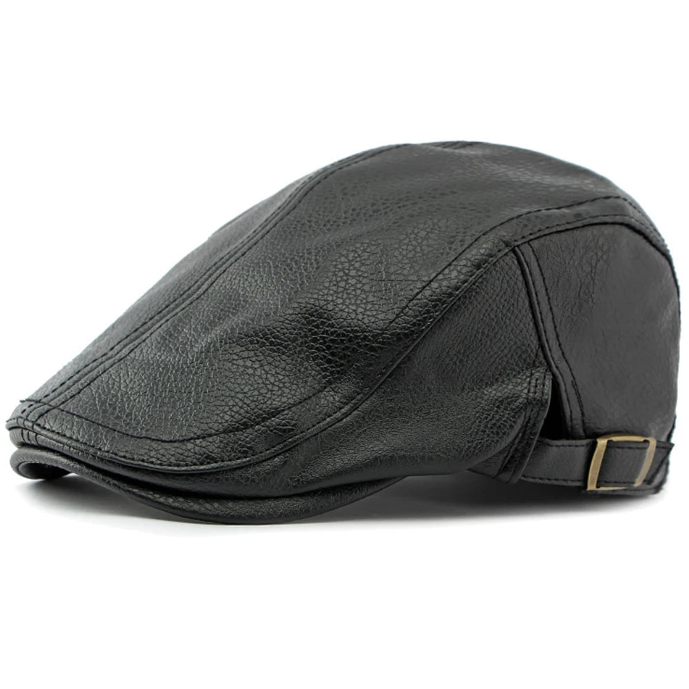 PU Leather Beret Cap Men Black White Coffee Ivy Flat Cap