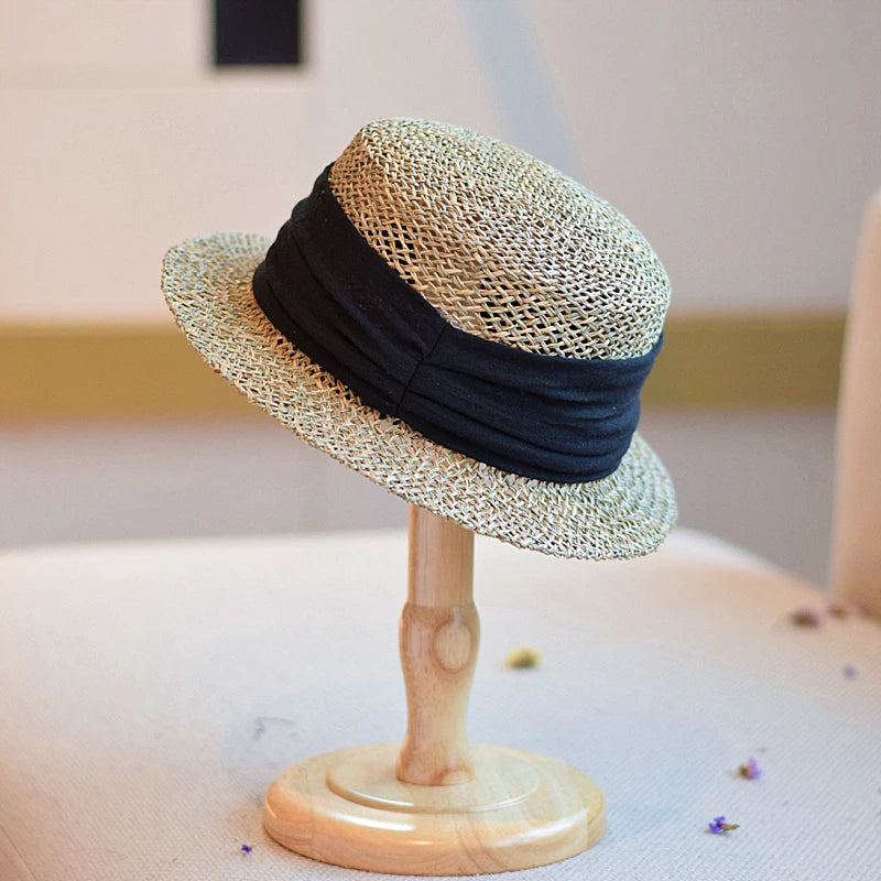 French British Retro Seaweed Woven Hollow Straw Top Hat