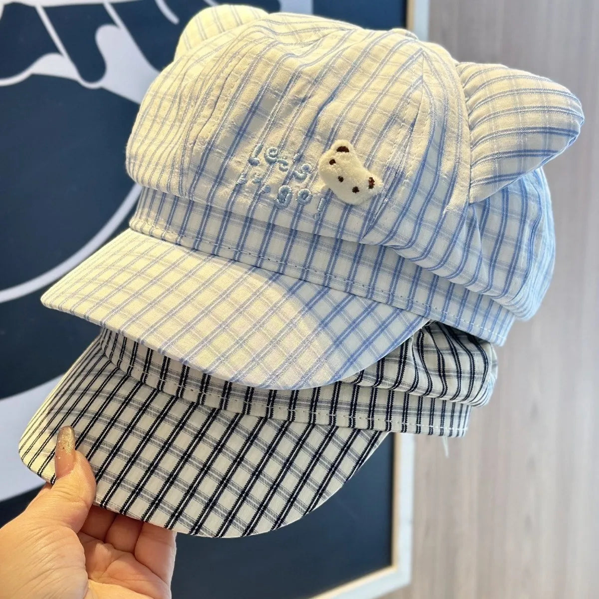 Cat Ear Plaid Newsboy Cap Y2k Aesthetic For Women Kawaii Octagonal Painter Hat Street Snap Sweet Girl Cap