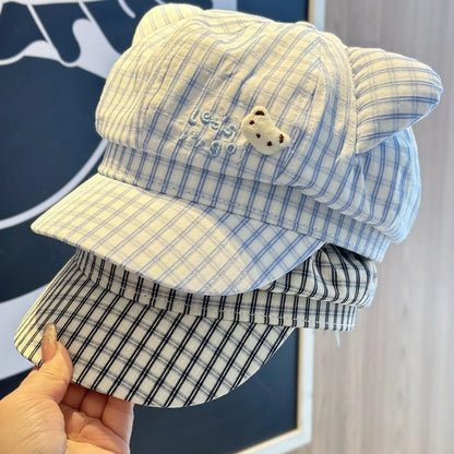 Cat Ear Plaid Newsboy Cap Y2k Aesthetic For Women Kawaii Octagonal Painter Hat Street Snap Sweet Girl Cap