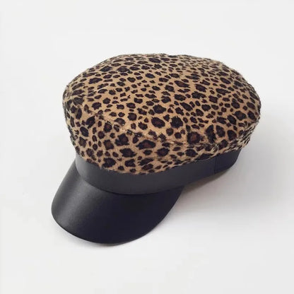 Leopard Print Versatile Lady Peaked Cap Flat Top Naval Hat
