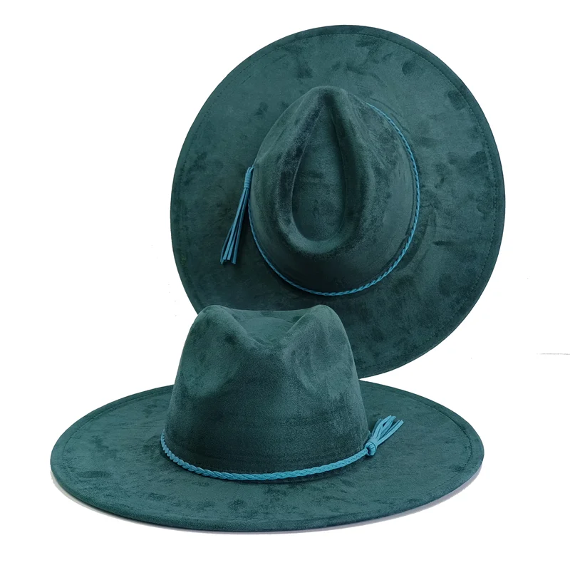 Malachite Green Suede Hat Wide Brim Fedora Hat Men Women Autumn Winter