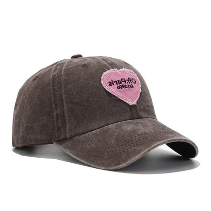 Y2K Trendy Distressed Heart-Patterned Fabric Label Letter Embroidery Baseball Cap
