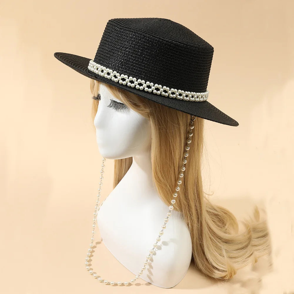 Chic Pearl Flat Top Straw Hat - Women's Summer Black Fashion Sun Hat