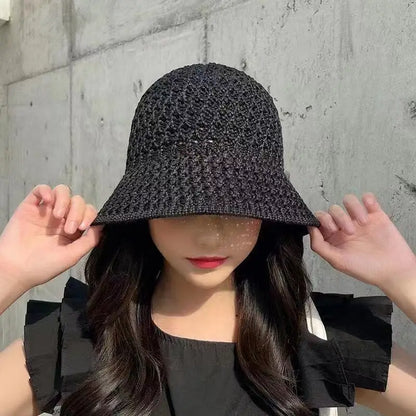 Straw Dome Weave Bucket Hat Hollow Out Breathable Sun Hats