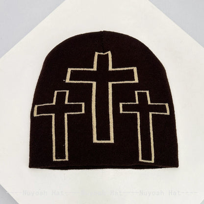 New Men Women Color Block Jacquard Cross Star Knitted Hats