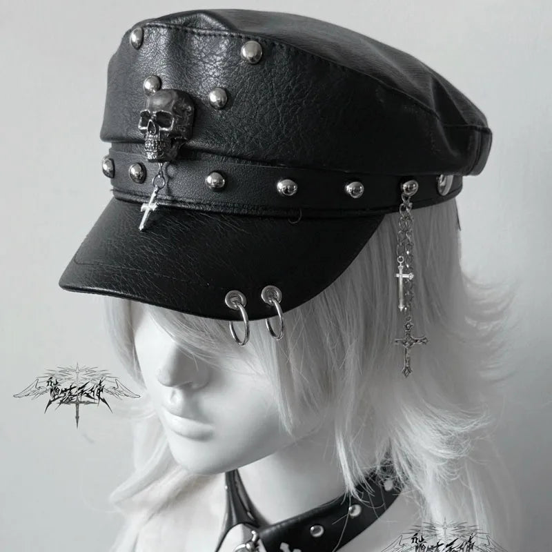 Women's Y2k Trendy Beret Fashion PU Leather Cool Punk Skull Spike Cap