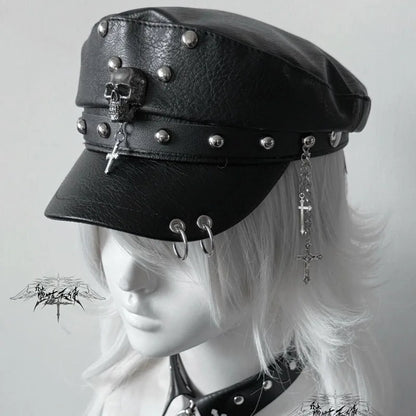 Women's Y2k Trendy Beret Fashion PU Leather Cool Punk Skull Spike Cap