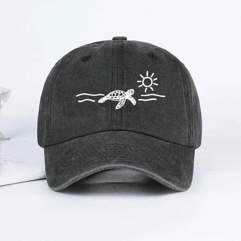 Vintage Washed Baseball Cap with Turtle, Sun, and Wave Print