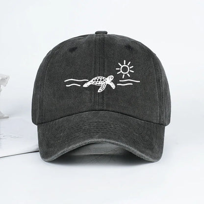 Vintage Washed Baseball Cap with Turtle, Sun, and Wave Print