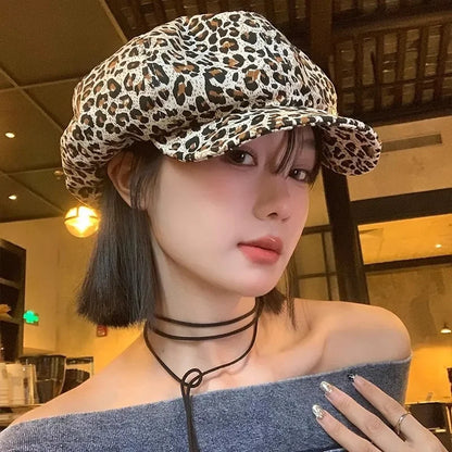 Y2K British Leopard Berets Vintage Octagonal Cap