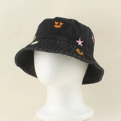 2026 Baby Cute Shell Starfish Crab Embroidery Denim Bucket Hat For Kids