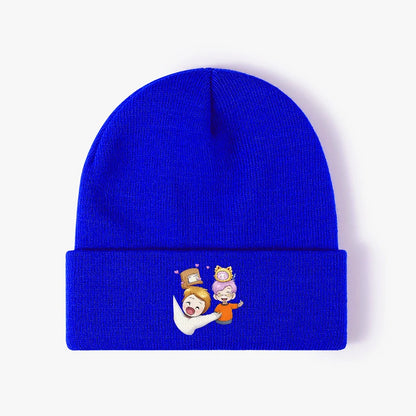 Cute Cartoon Friends Black Ribbed Knit Beanie Hat