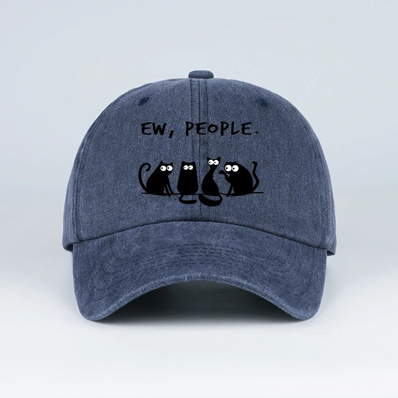 Fun “Ew, People” Cat-Print Washed Baseball Cap
