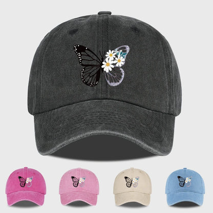 Butterfly and Daisy Print Washed Baseball Cap