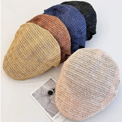 Japanese Style Hollow Straw Beret Vacation Flat Straw Newsboy Cap