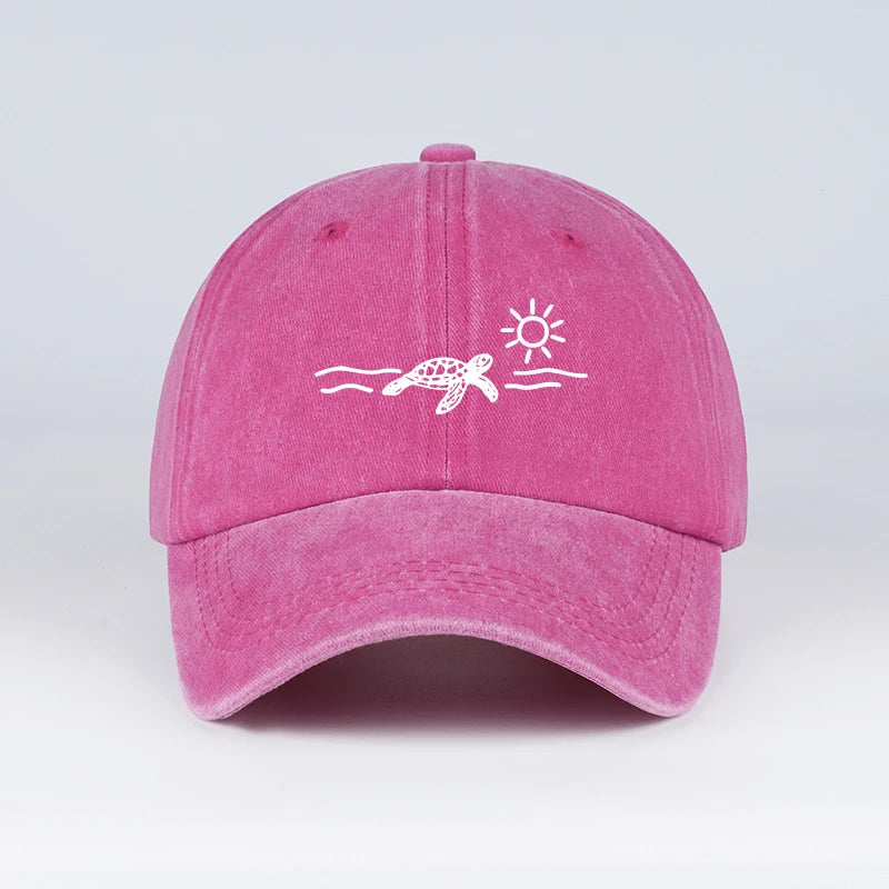 Vintage Washed Baseball Cap with Turtle, Sun, and Wave Print